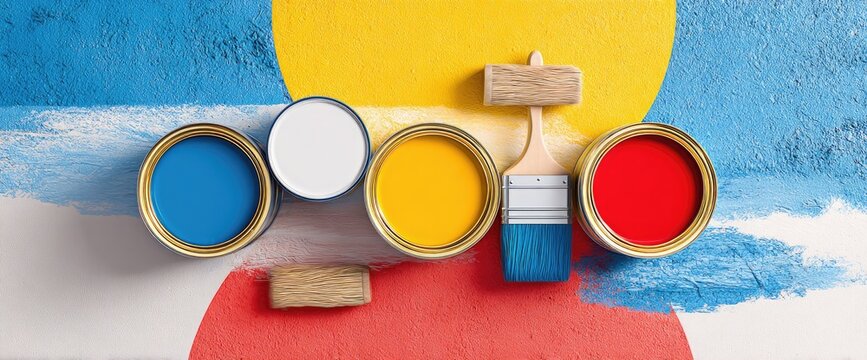 Overhead shot of paint cans and brush with color swatches. Color palettes are showcased