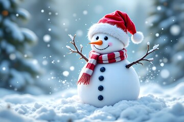 Fototapeta premium Cute snowman with red scarf and Santa hat in snowy winter scene