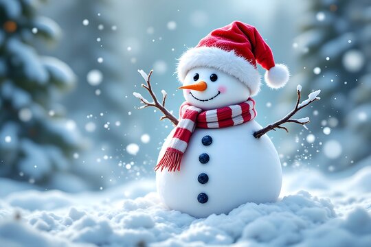 Cute snowman with red scarf and Santa hat in snowy winter scene