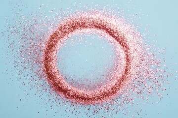 Pink glitter scattered in a circular shape on a light blue background