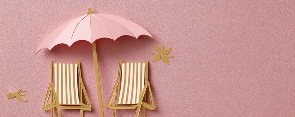 Paper-crafted beach scene with parasol, chairs, and decorative elements. Soft pink palette