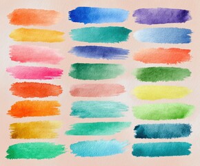 A collection of watercolor brushstrokes in various bright colors against a peach background
