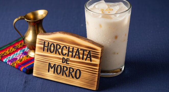 Authentic Horchata de Morro Refreshing Creamy Drink with Ice and Ceiba Wood Sign on Indigo Mat