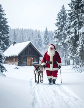 Santa Claus and his reindeer walking through a snowy forest past a rustic cabin, embodying the spirit of Christmas and winter wonder.