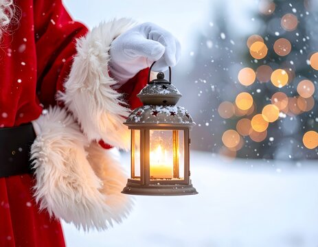 Santa Claus holding a vintage lantern in a snowy winter wonderland with a blurred Christmas tree in the background.