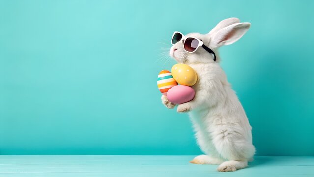 easter bunny holding eggs, studio shot, 