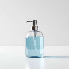 Fototapeta premium A transparent soap dispenser filled with blue liquid on a white surface, viewed from the front.
