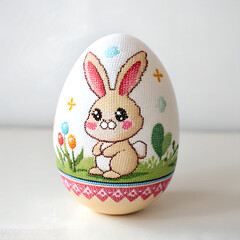 A picture of easter bunny painted on an egg cell , pixel style art,