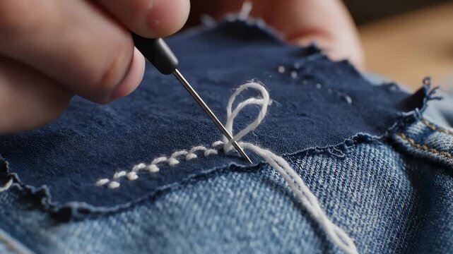 Person Mends Ripped Denim With Sewing Needle and White Thread