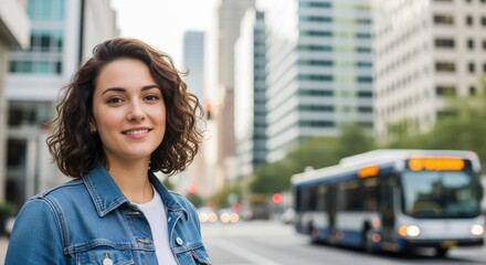 A young woman with short, curly hair standing in front of a cityscape with a bus in the background.