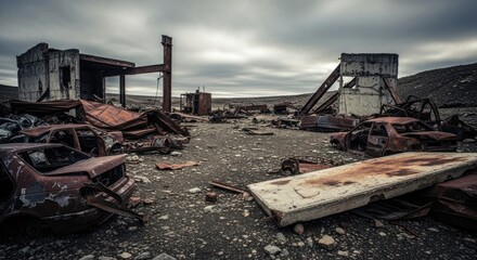 Fototapeta premium A desolate, abandoned industrial site with rusted metal structures and debris, under a cloudy sky.