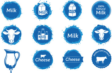 Cartoon-style dairy icons featuring milk cartons, cheese labels, cow illustrations, and pasteurized product signs for branding, packaging, and farm-related design