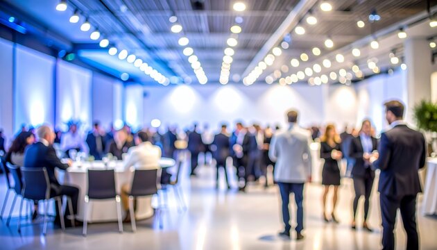 Blurred image of a vibrant business conference or corporate event with attendees networking.