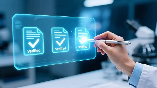 Hand holding pen near digital verified icons