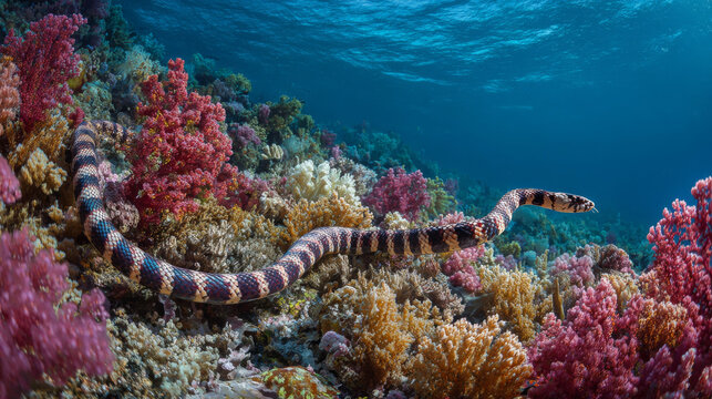 A banded sea snake glides gracefully through the clear waters of Indonesia&rsquo;s Banda Sea, its striking pattern visible among vibrant coral reefs where marine life flourishes.
