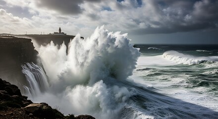 Giant Storm Waves Crashing Against Lighthouse in Nazare Portuga