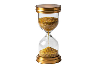 Clear glass hourglass with gold glitter sand falling on black background time, Png, Isolated on Transparent Background, Cut Out