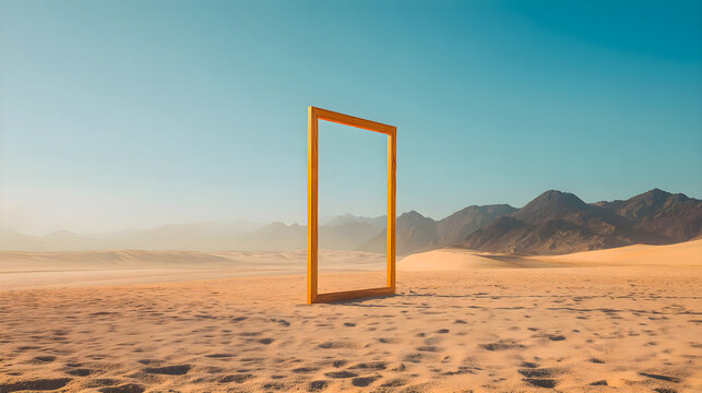 Golden frame in vast desert landscape under clear blue sky, surreal portal to new opportunities