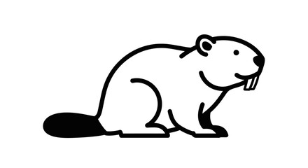 Fototapeta premium Simple black and white line art illustration of a beaver, showing its profile with prominent teeth and tail.