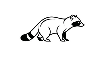 Obraz premium Black and white illustration of a raccoon standing, viewed from the side, with its distinctive masked face and striped tail, in a simple graphic style.