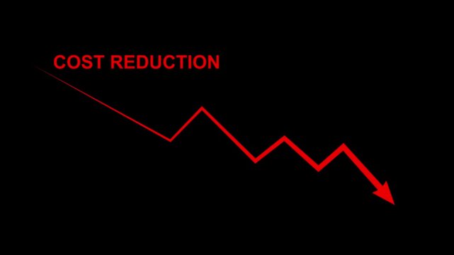 Cost reduction business finance concept on black background . Businessman cost reduction icon with down arrow for budget management and cost management.