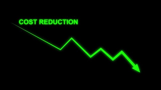 Cost reduction business finance concept on black background . Businessman cost reduction icon with down arrow for budget management and cost management.