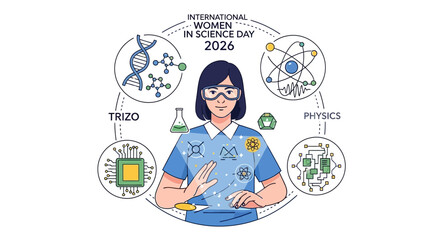 Illustration of a woman in a blue shirt surrounded by science icons for International Women in Science Day 2026.