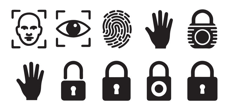 Biometric authentication and security icons set including facial recognition, fingerprint and padlock