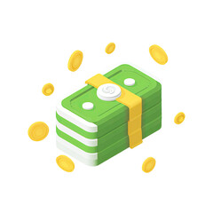 Isometric image of a stack of green banknotes and floating gold coins against a black background