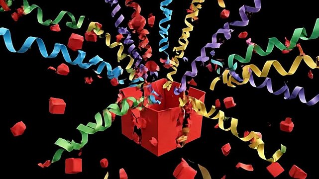 A vibrant red gift box explodes dramatically with colorful confetti streamers and fragmented pieces against a stark black background signifying a joyous celebration moment