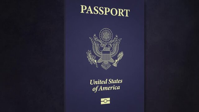 Angled US passport featuring golden eagle emblem viewing camera