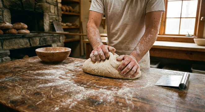 Primer plano de manos de panadero amasando masa fresca en una mesa de madera enharinada.