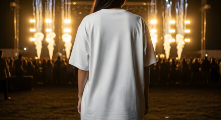 Fototapeta premium Person from behind wearing blank white t-shirt at a lively concert or festival, merchandise mockup