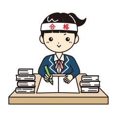 本を積んで勉強するブレザー姿の女子学生　合格ハチマキの受験イメージイラスト