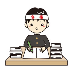 本を積んで勉強する学ラン姿の男子学生　合格ハチマキの受験イメージイラスト