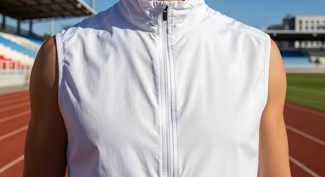 Close-up of an athlete wearing a white sleeveless running jacket mockup on an outdoor track, perfect for activewear brands.
