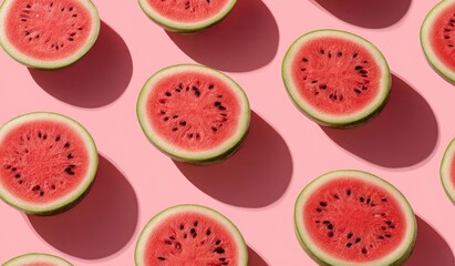 Halved watermelons arranged in a repeating pattern on a pastel pink background