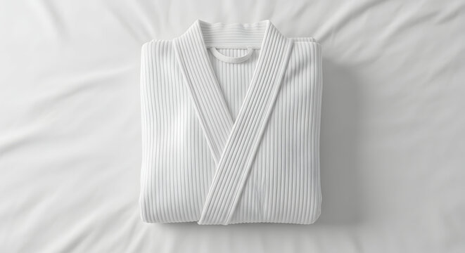 Neatly folded white bathrobe mockup lying on crisp white bed linen, ideal for hotel or spa themes and hospitality branding.