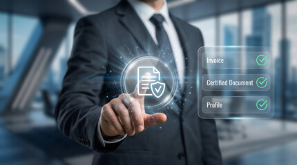 Obraz premium Verified Document Protection Shield Hologram in Business Office