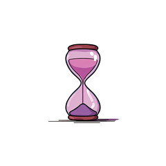 Animated illustration of a pink and purple hourglass with flowing sand on a stark black background