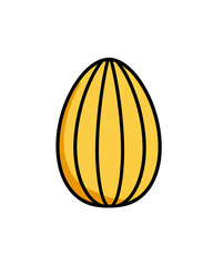 A vibrant, abstract illustration featuring an egg-shaped form with parallel vertical lines, yellow hue