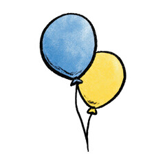 Two hand-drawn balloons, one blue, one yellow, with simple black string, set against a black backdrop