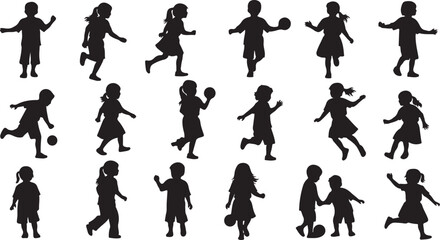 Children playing soccer and basketball in black silhouette style