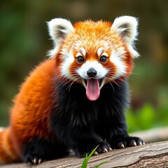 Playful red panda showing tongue, fluffy tail, and funny expression A charming woodland creature, portrait, cute