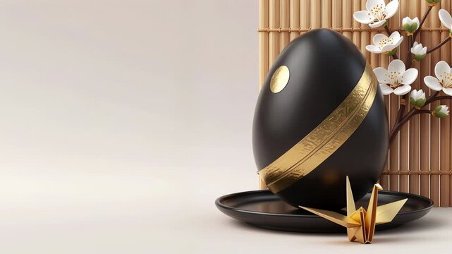 a black, matte, egg-shaped object with a gold band and small gold emblem, placed on a black plate, next to a golden, paper-like ornament.