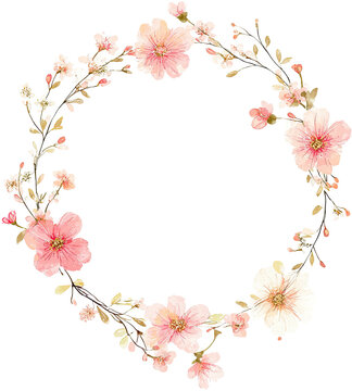 Delicate floral wreath featuring pink blossoms and twigs on a transparent, blank background