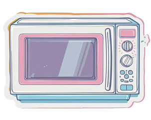 Pastel-colored illustration of a microwave oven, with pink and blue accents, front view