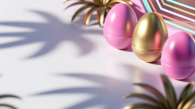 three shiny, pink and gold Easter eggs on a white surface. Two pink eggs and one gold egg are arranged in a row. Palm leaf shadows are cast on the surface.