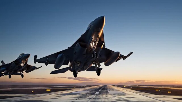 Military jets on runway at sunset