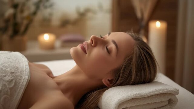 Relaxed woman spa facial massage relaxation with candlelit towel comfort and serene treatment